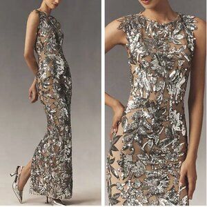 Bronx and Banco Silver Sequin Nude Sheer Maxi Dress